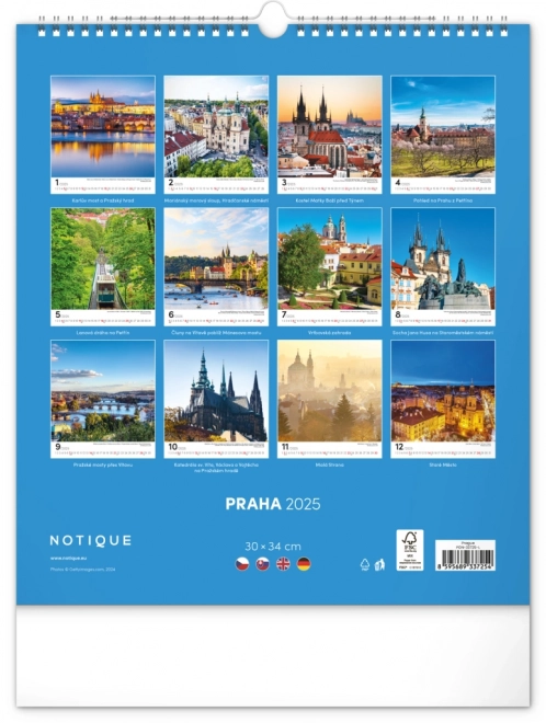 Calendrier mural Prague 2025, 30 × 34 cm