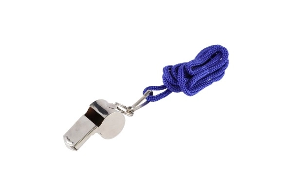 Sifflet avec cordelette métal/tissu 5 cm sur carte