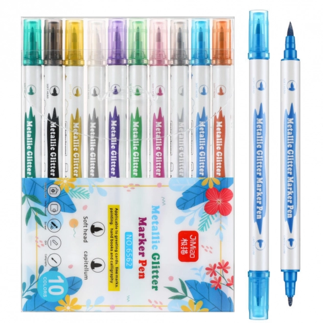 Set de 10 feutres métalliques double pointe avec paillettes