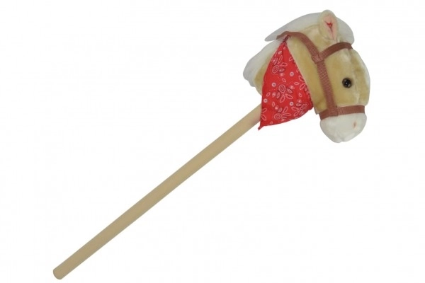 Cheval en peluche sur bâton 80 cm sur piles avec son beige dans un sac
