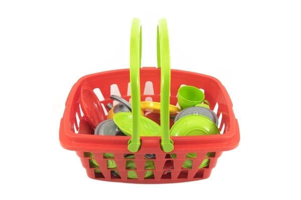 Panier d'achat en plastique + ensemble de vaisselle avec cuisinière en sachet