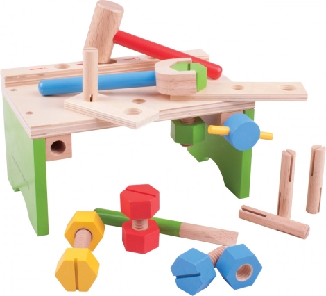 Établi en bois avec outils et banc à marteler Bigjigs Toys