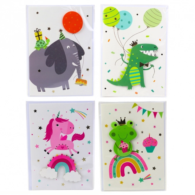 Carte de vœux 3D avec licorne, éléphant, grenouille et dinosaure