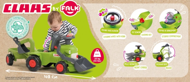 Tracteur roulant Claas avec remorque, chargeur et pelle