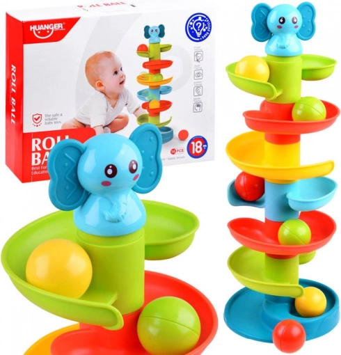 Piste à boules colorée avec petit éléphant – pyramide en spirale pour enfants