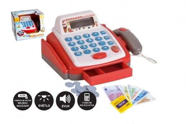 Petite caisse enregistreuse numérique en plastique 18 cm avec accessoires sur piles avec son et lumière dans une boîte de 22x15x18 cm