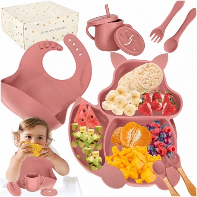 Ensemble de vaisselle en silicone écureuil rose foncé - 9 pièces