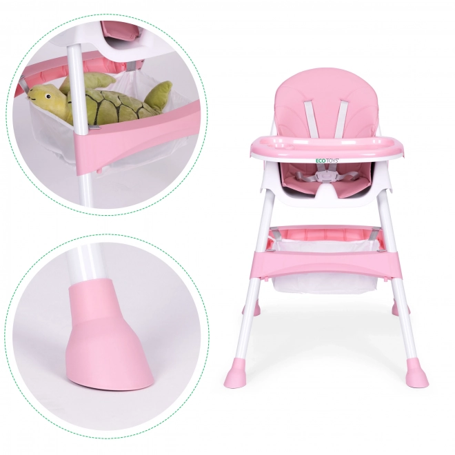 Chaise haute pour enfant avec plateau et panier, harnais à cinq points ECOTOYS – rose