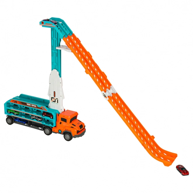 Circuit de course avec dépanneuse et transporteur 6 pièces - orange