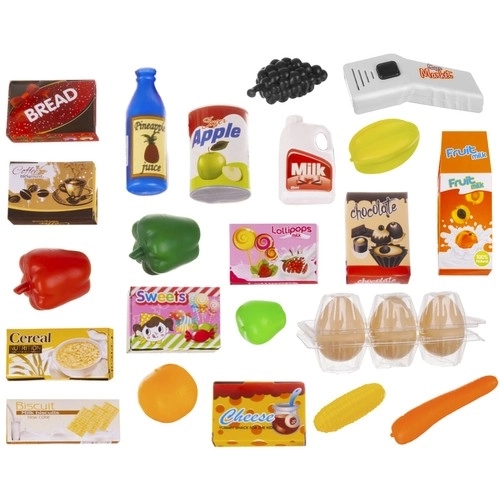 Supermarché avec caisse, panier et accessoires