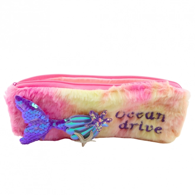 Trousse en peluche avec queue de sirène, rose-violet avec paillettes