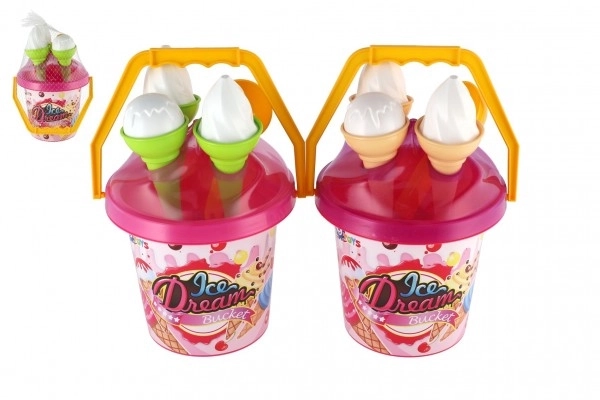 Ensemble de sable plastique seau + moules à glace 2 couleurs en filet 18x28x17cm 12m+