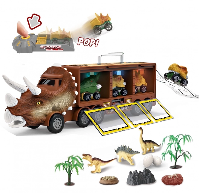 Camion dinosaure avec lanceur et petites voitures