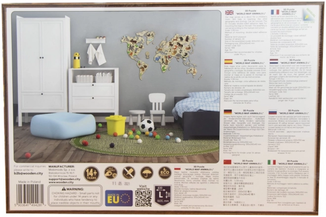 Carte du monde animal en bois 3D, taille M
