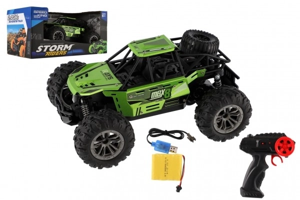 Buggy RC tout-terrain vert 22cm en plastique 2,4GHz à batterie + pack rechargeable en boîte 32x16x18cm