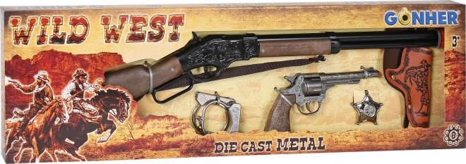 Grand ensemble de cowboy - fusil, revolver, menottes, étoile de shérif