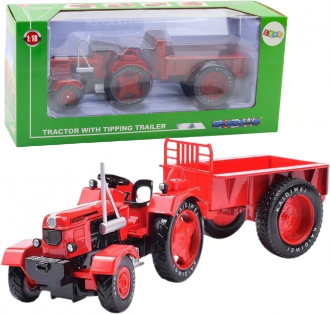 Tracteur rouge en métal avec remorque 1:18