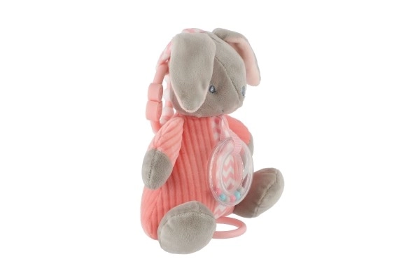 Lièvre musical à remonter avec hochet en peluche 18x20cm rose sur carte en sachet 0+