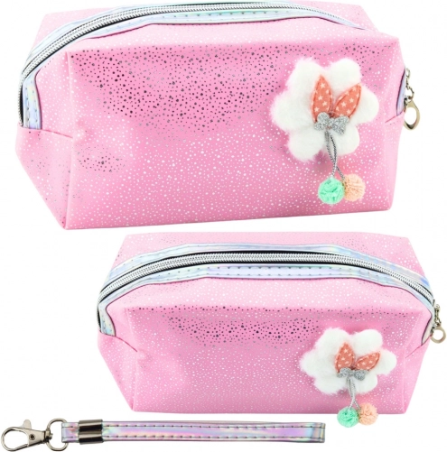 Trousse de maquillage rose avec nœud et paillettes