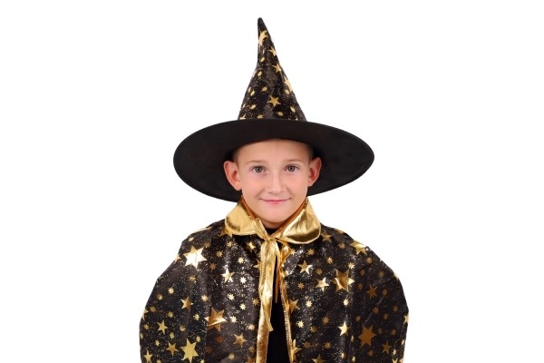 Chapeau de sorcier + cape pour enfants diamètre 38cm noir-doré en sac de carnaval