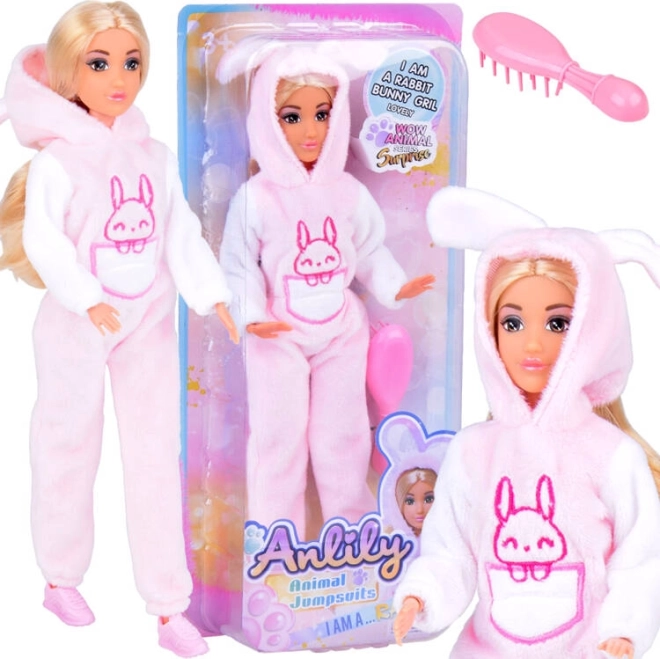 Poupée ANLILY en pyjama lapin avec brosse