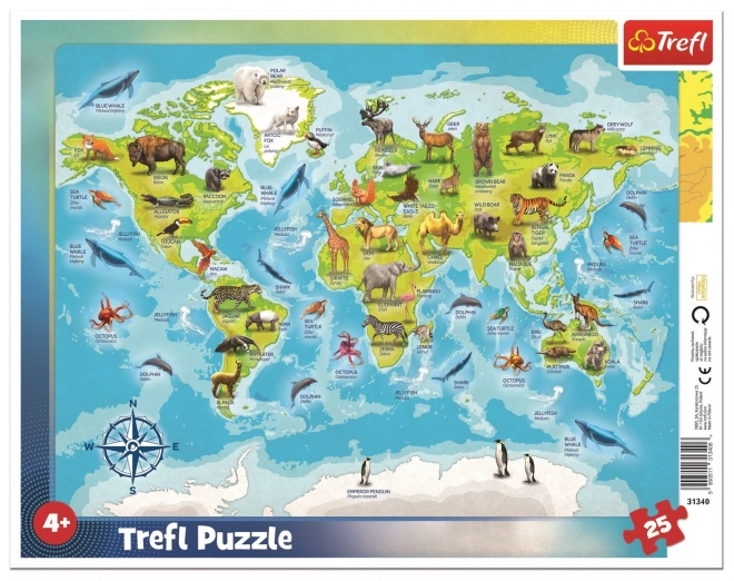 TREFL Puzzle Carte du monde avec animaux 25 pièces