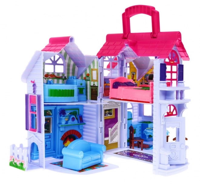 Maison de poupées pliable 3+ Violet + figurines de famille + chien + meubles + 2 étages