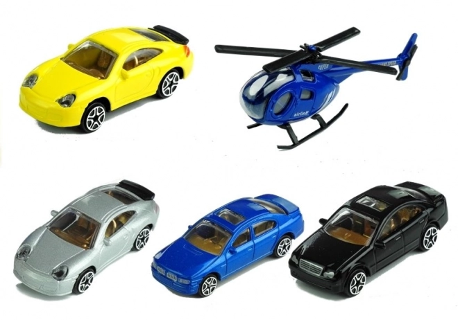 Garage multi-niveaux avec petites voitures et hélicoptère