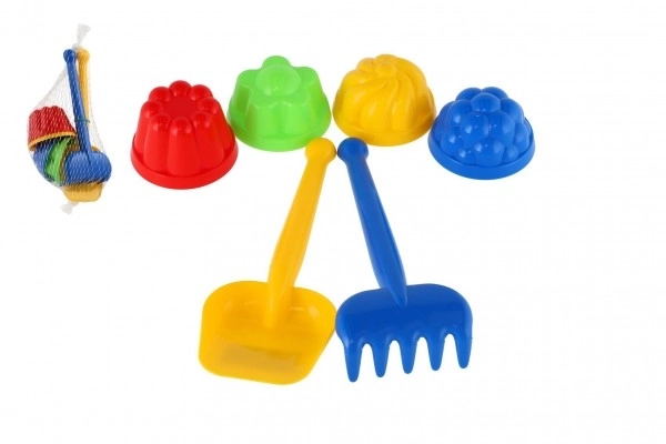 Ensemble de sable en plastique avec pelle, rateau, 4 moules en filet
