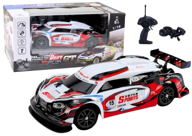 Voiture de course RC 1:16 Drift avec roues interchangeables rouge-blanc