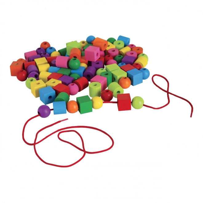 Maxi perles en bois colorées avec cordelette 92 pièces dans boîte en plastique 10x14cm