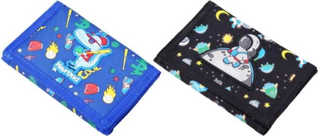 Portefeuille en tissu avec fermeture Velcro, 12,5 × 8 cm, 2 motifs (dinosaure / astronaute)