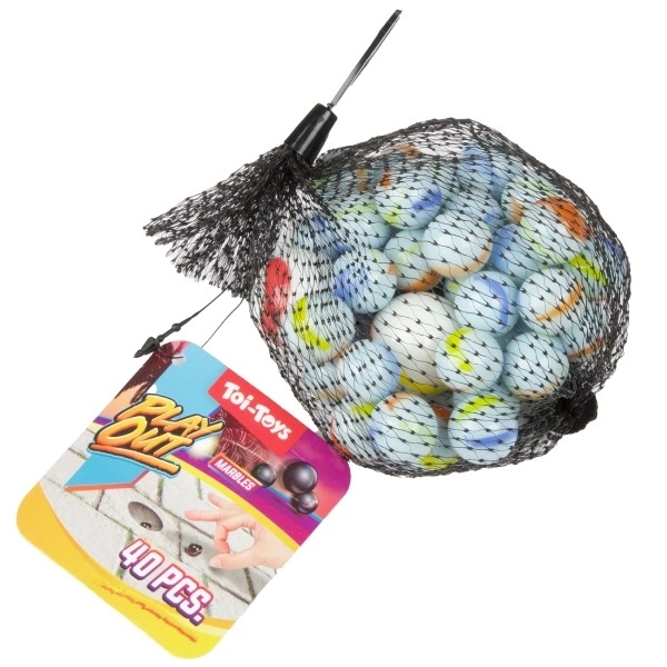 Billes en verre de différentes tailles 40 pcs mélange de couleurs dans un filet 12 pcs en boîte