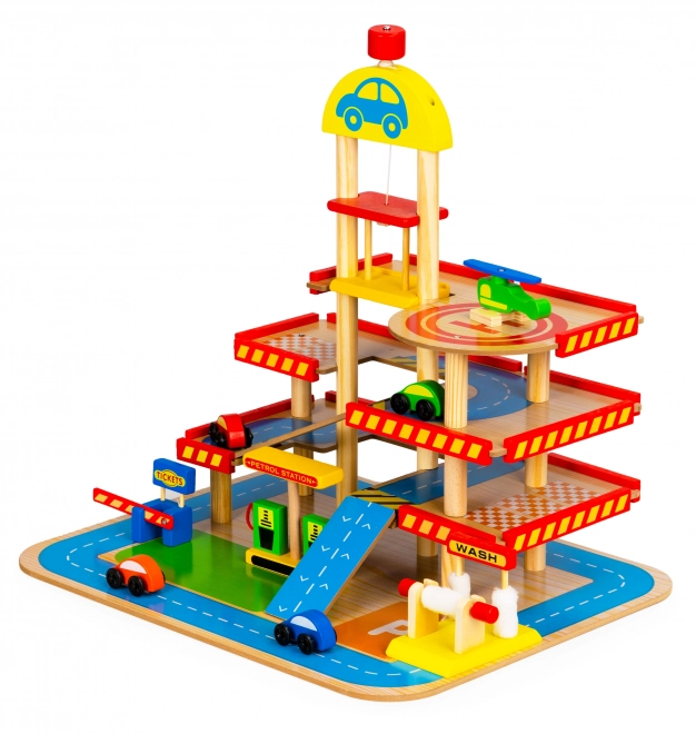 ECOTOYS Garage en bois à étages avec ascenseur, héliport et autres accessoires