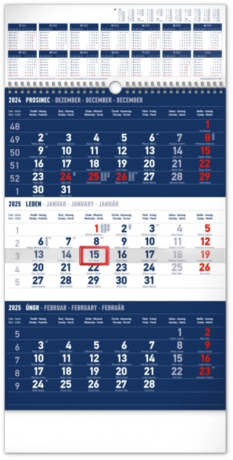 Calendrier mural standard bleu NOTIQUE de 3 mois – avec aperçu annuel 2025, 29,5 x 43 cm