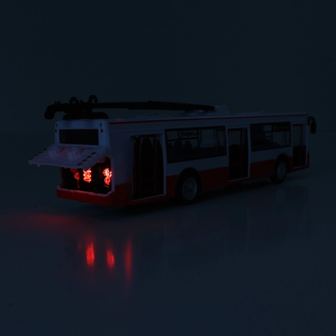 Trolleybus parlant tchèque en plastique 29cm rouge marche libre sur bat. avec lumière et son en boîte 33x11x10cm
