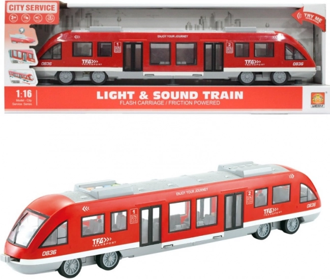 Tramway rouge avec portes ouvrantes, sons et lumières
