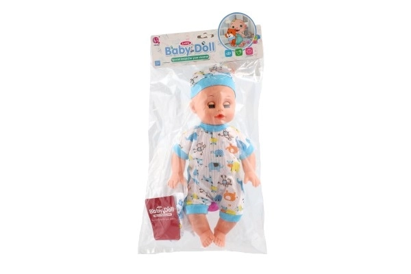 Poupée bébé plastique 32cm corps solide buvant, faisant pipi à piles avec son et accessoires dans un sac