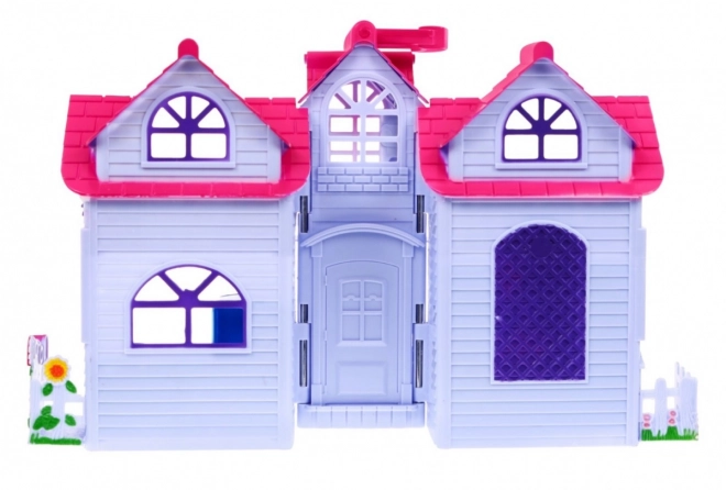 Maison de poupées pliable 3+ Violet + figurines de famille + chien + meubles + 2 étages