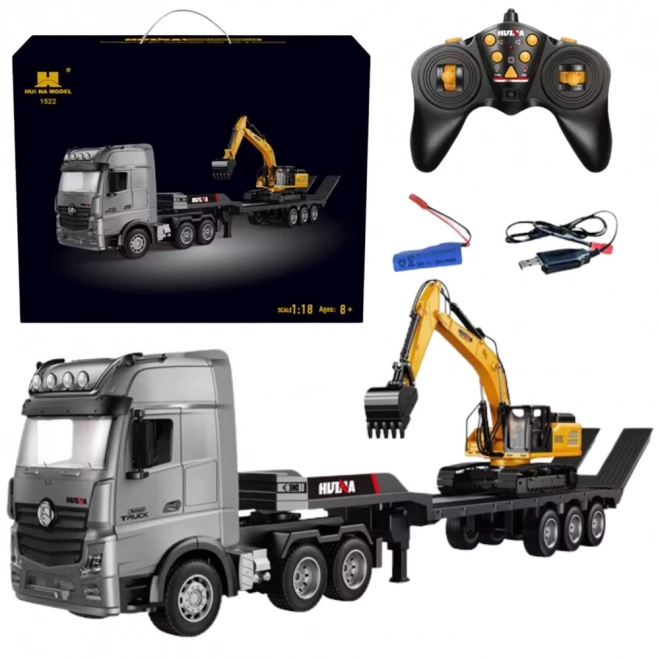 Camion télécommandé avec remorque et excavatrice Huina 1:18