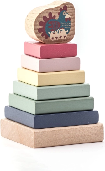 Cubika pyramide colorée en bois pastel avec petite poule – puzzle 8 pièces