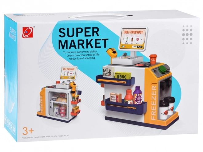 Magasin libre-service avec machine à café et réfrigérateur