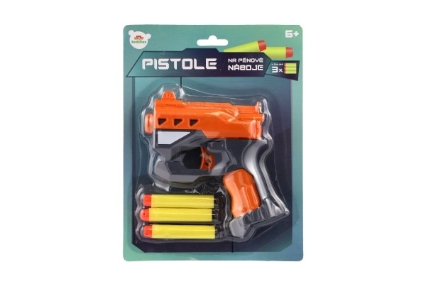 Pistolet à balles en mousse 12x14cm plastique + 3 munitions 2 couleurs sur carte