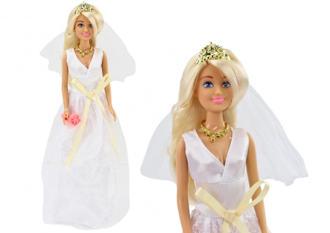 Poupée Anlily en robe de mariée avec bouquet de fleurs et couronne