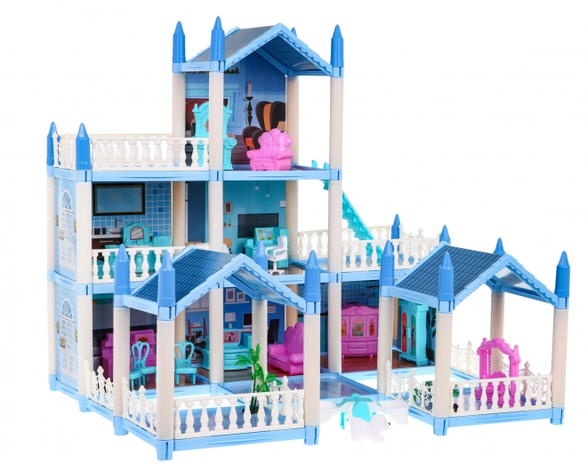 Maison de poupées à trois étages Cadeau pour filles 6+ Villa bleue avec accessoires
