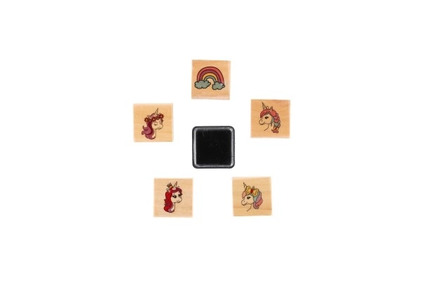 Tampons en bois 5+1 avec coussin 23 licornes 3x3cm sur carte