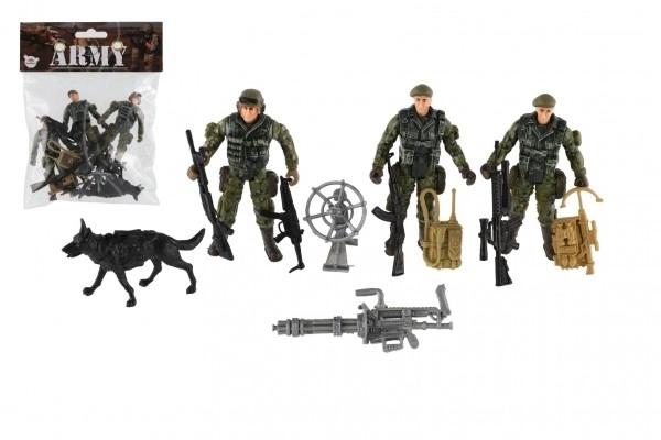 Set de soldats avec chien et accessoires 12 pièces en plastique dans un sachet 17x20x3cm