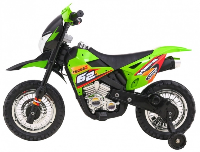 Moto cross électrique pour enfants à batterie – verte, avec roulettes stabilisatrices et feux LED
