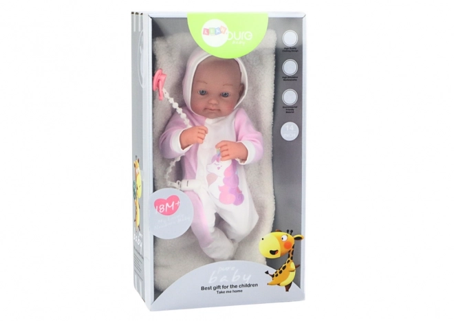 Poupée bébé avec tétine Corps Licorne Couverture rose Accessoires 35 cm