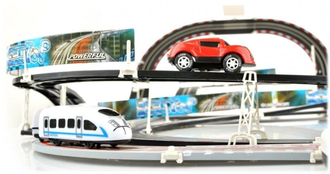 Chemin de fer électrique Circuit de course 2 en 1 pour enfants de 6+ avec télécommande + locomotives + wagons + petites voitures